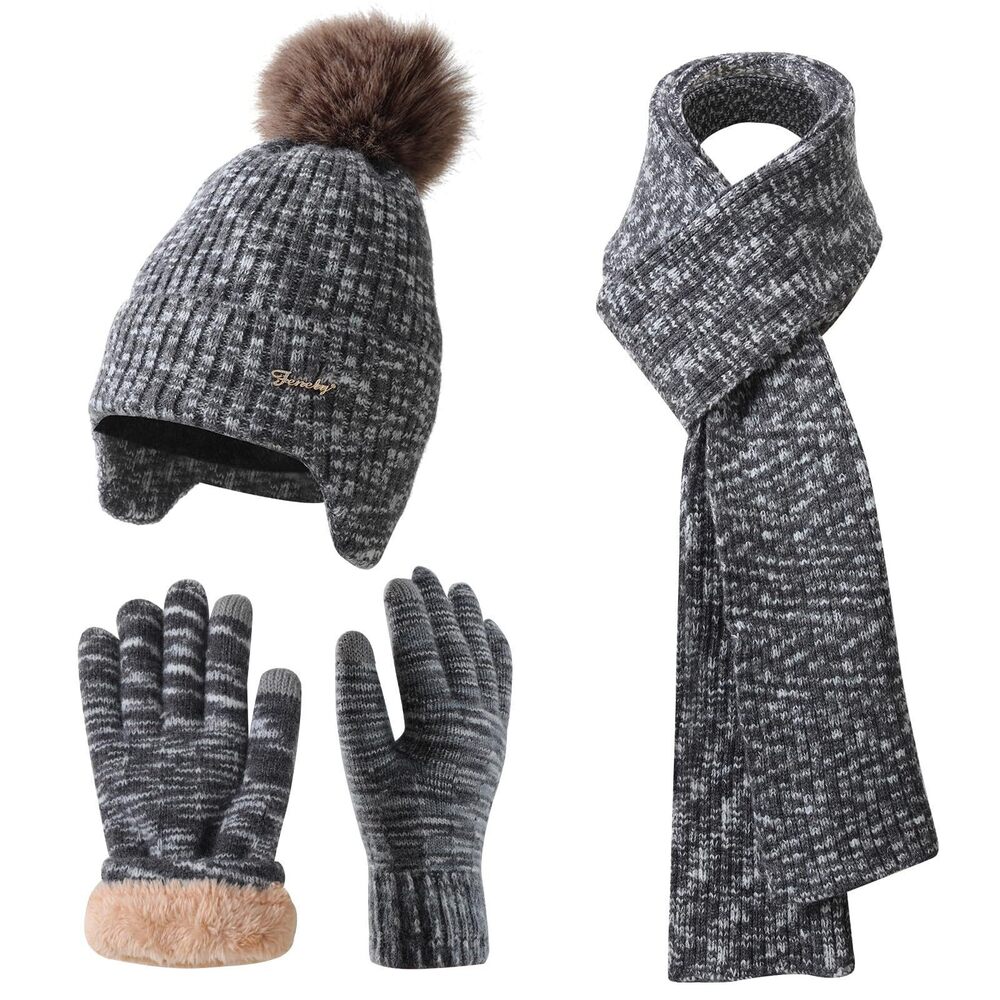 7358 Winter Beanie Hat Scarf and Gloves Set Earflap Girls Black Mix Cable